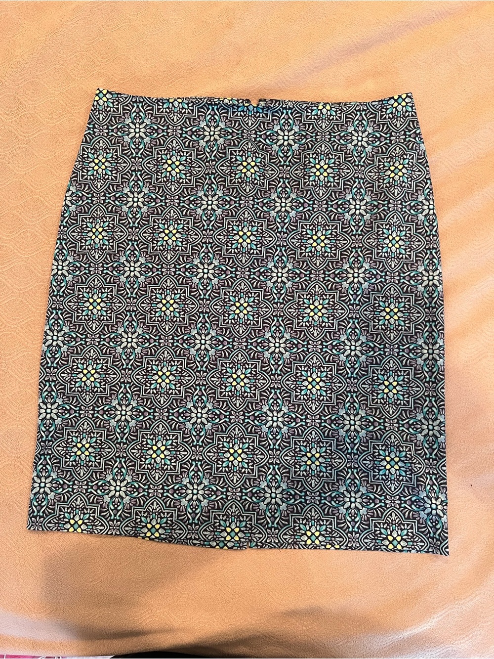 Talbots Blue Pencil Skirt with Teal and Yellow Geometric Floral Print